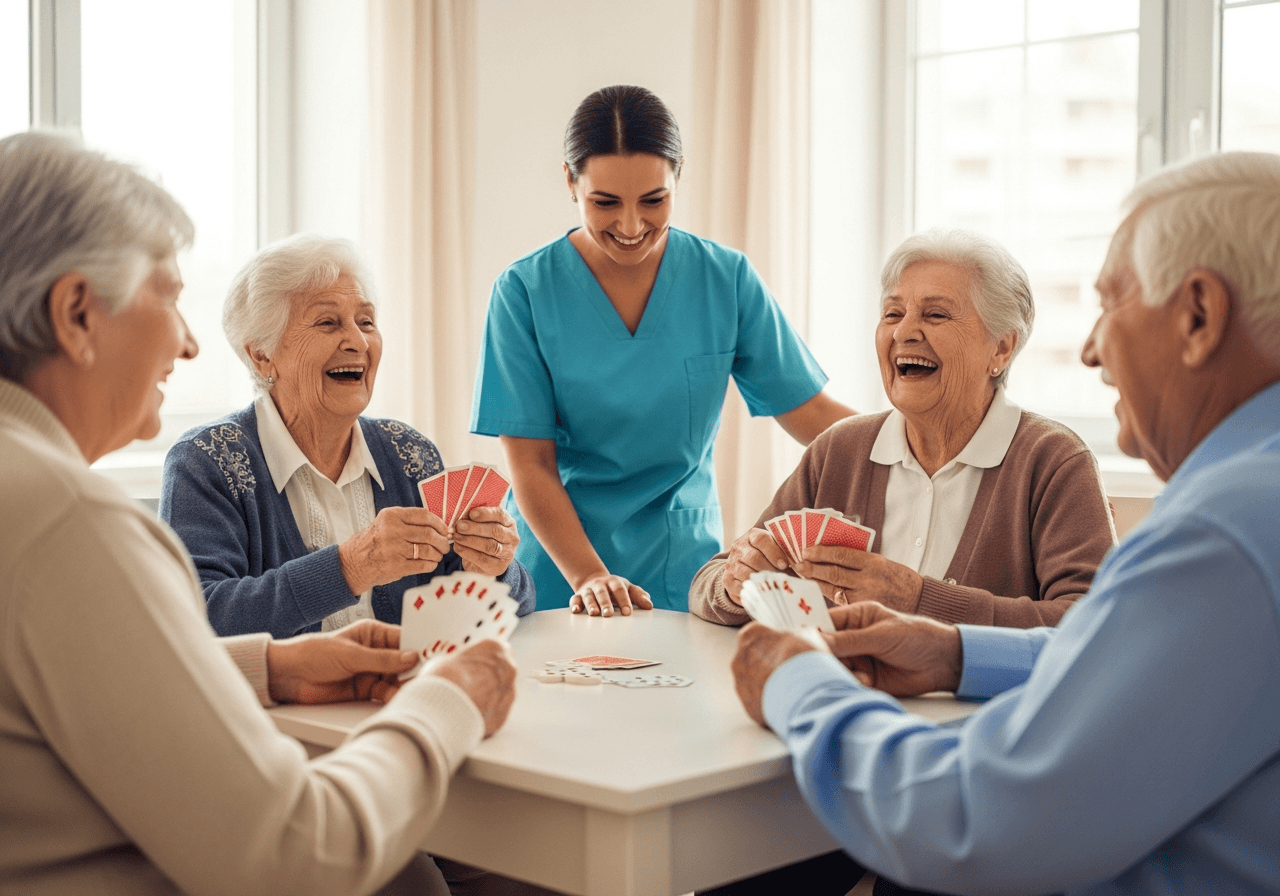 Grupo de personas mayores riendo mientras juegan a las cartas con su cuidadora