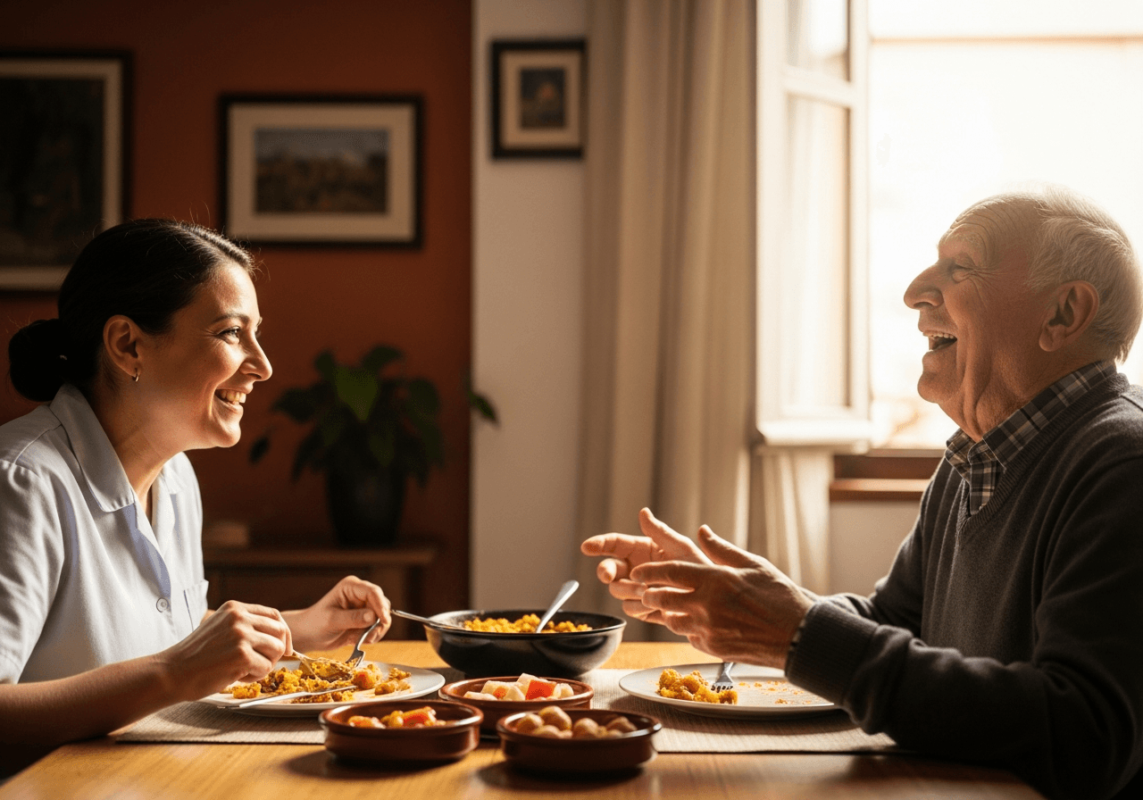 Cuidadora y señor mayor compartiendo una comida casera entre risas
