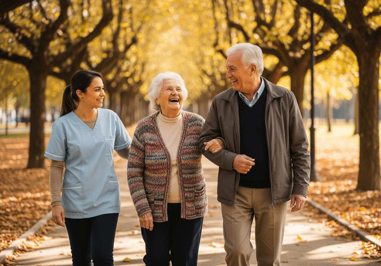 Personas mayores paseando felices con su cuidadora